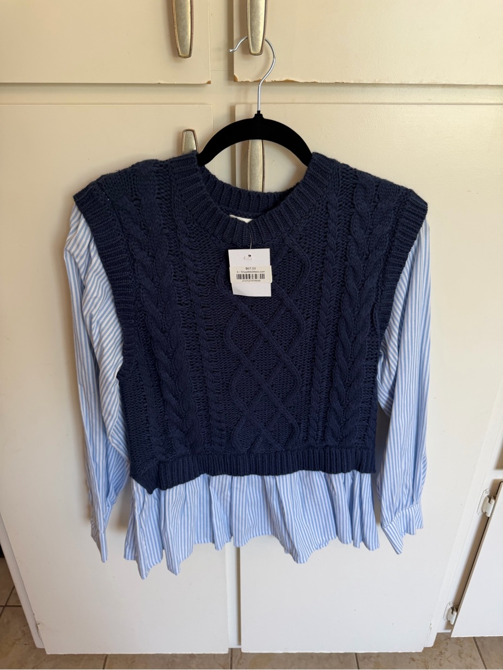Sugarlips Navy Cable-Knit V-Neck Sweater Vest with Light Blue Stripe Hem